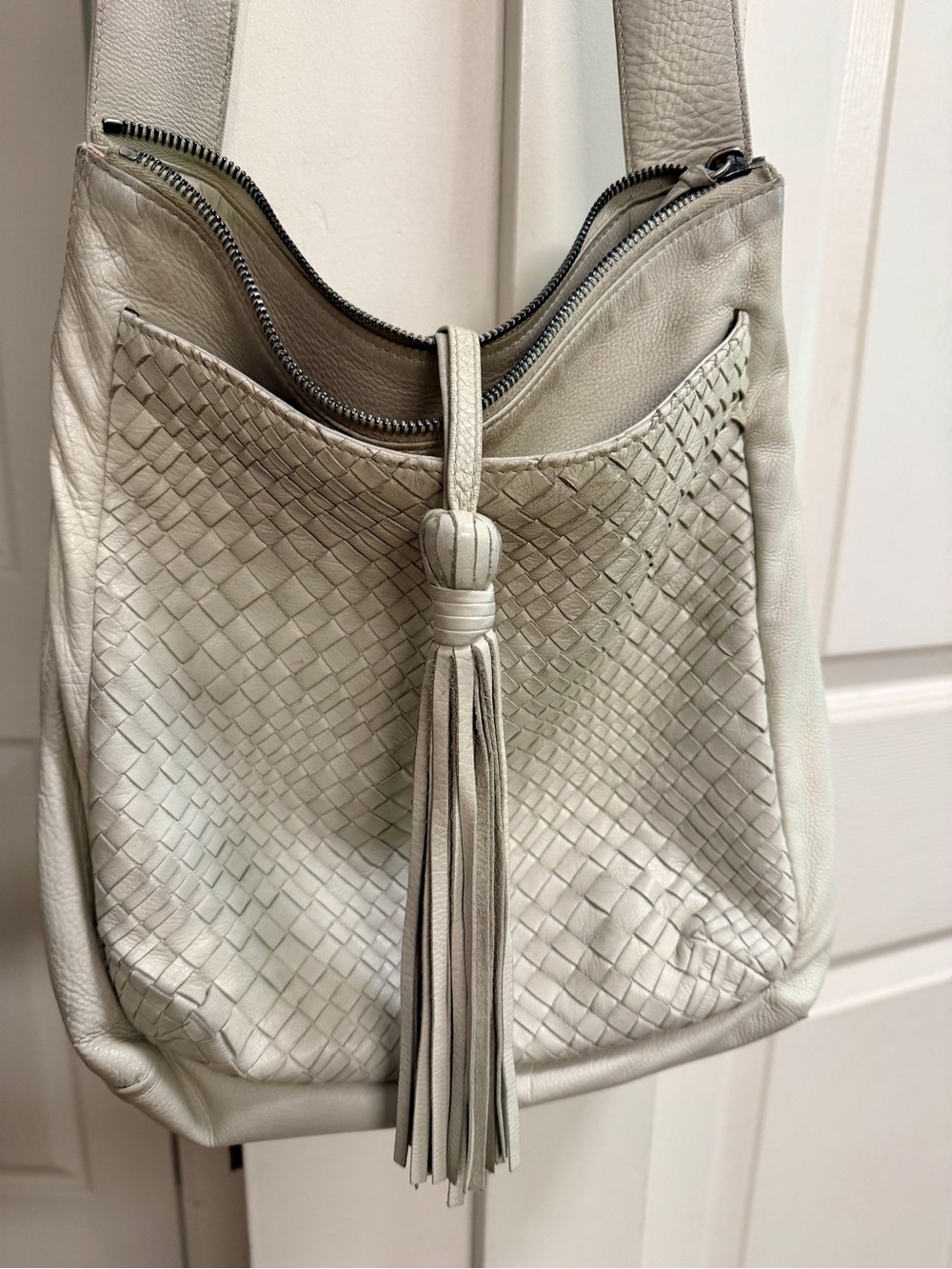 Casini/Jennifer Tattinelli Leather Crossbody Bag Intreccio Optical in White
